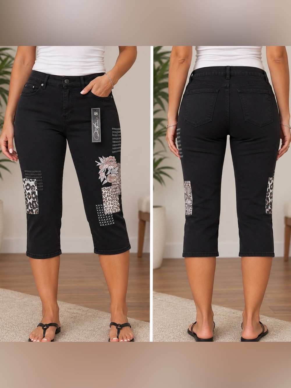 DG2 by Diane Gilman Black Cropped Patchwork Capri Jeans
